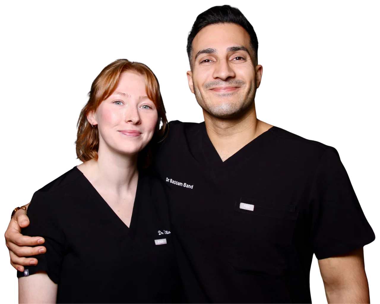 Dr Bassam Band and Dr Ellie Tuohy, the two doctors of the drBand Clinic, in black scrubs